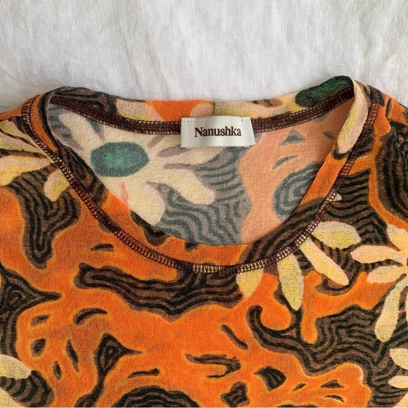 Nanushka Nilo Mesh Crewneck T-shirt Top Arte Povera Floral Orange Flower Print - Picture 3 of 8